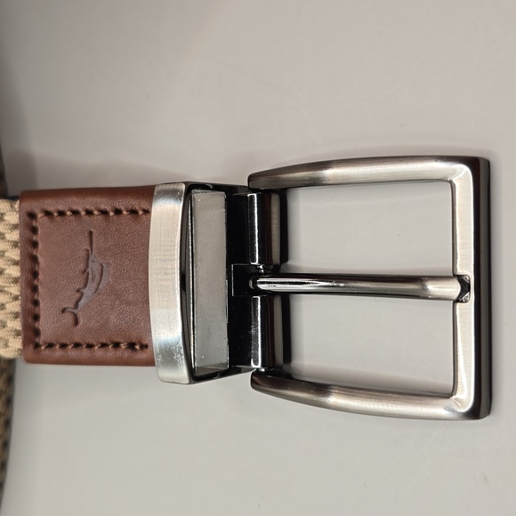Tommy Bahama Belt Mens L/XL 38-42 Beige Navy Leather Reversible Stretch Weaved - Picture 2 of 7